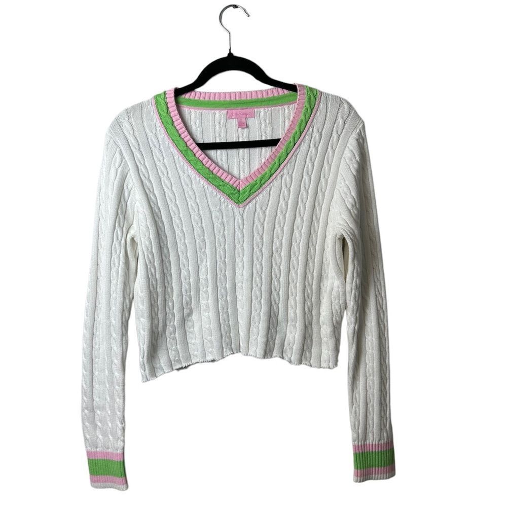 Lilly Pulitzer V Neck Cableknit Sweater Cropped, Size Large